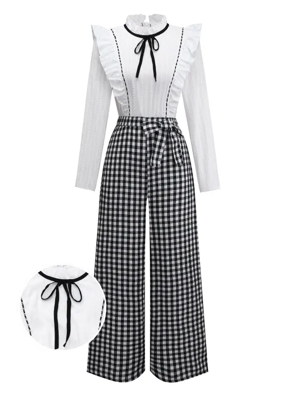 [Pre-Sale] 1930s Cotton Ruffle Collar Bow Tie Gingham Jumpsuit sold by Retro Stage