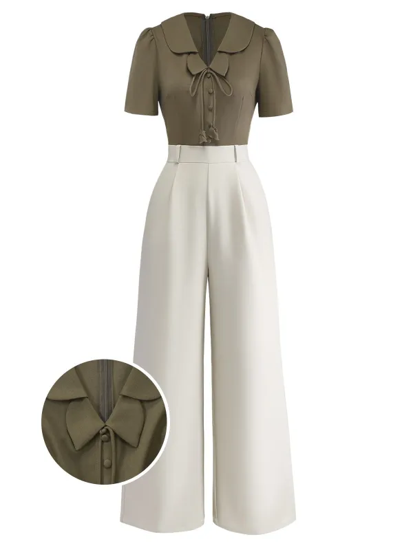 [Pre-Sale] Olive Green 1950s Button-Up Floral Wide-Leg Jumpsuit sold by Retro Stage