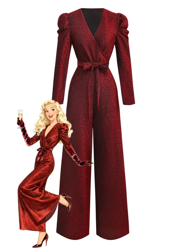 Red 1980s Glitter Deep-V Long Sleeve Jumpsuit sold by Retro Stage