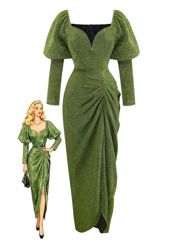 Green 1960s Ruched Puff Sleeve Midi Dress sold by Retro Stage