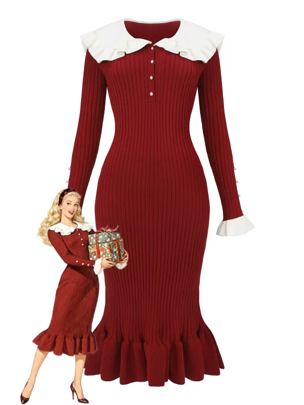 1980s Ribbed Ruffled Collar Midi Dress sold by Retro Stage