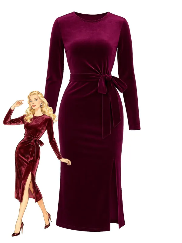 Wine Red 1960s Velvet Waist-Tie Bodycon Dress sold by Retro Stage