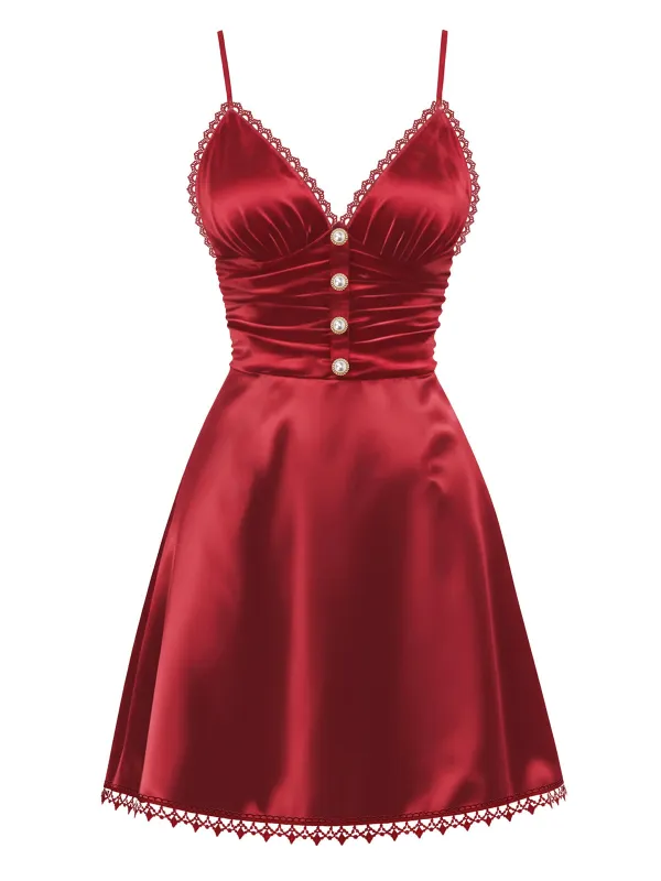 [Pre-Sale] Burgundy 1960s Lace Pearl Satin Strap Sleepwear sold by Retro Stage