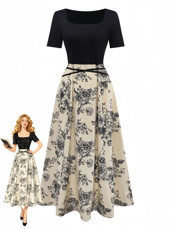 Khaki 1970s Knitted Square Neck Floral Dress sold by Retro Stage