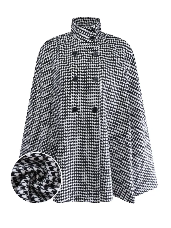 [Pre-Sale] Black White 1940s Houndstooth Wool Stand Collar Cape sold by Retro Stage