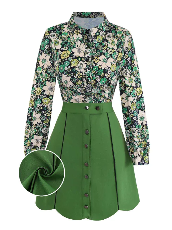 [Pre-Sale] 2PCS Green 1960s Psychedelic Floral Blouse & Scalloped Skirt sold by Retro Stage