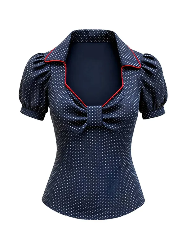 Blue 1980s Cotton Polka Dot Bow Diamond Neck Blouse sold by Retro Stage
