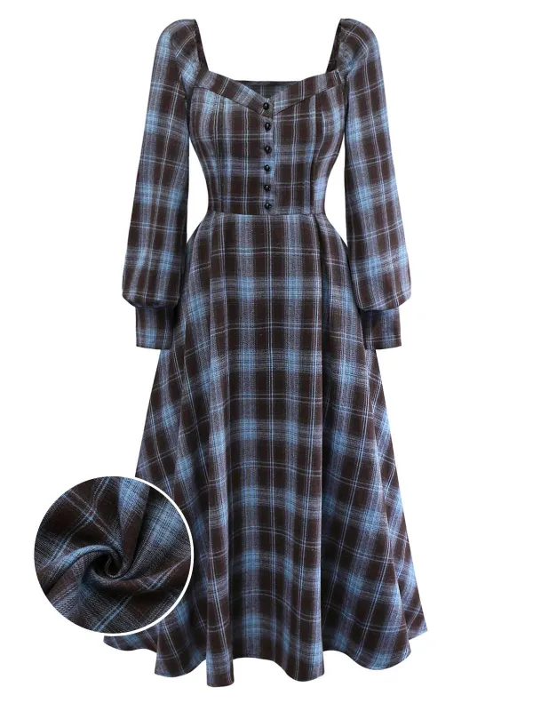 [Pre-Sale] Blue Grey 1940s Plaid Sweetheart Neck Brushed Dress sold by Retro Stage