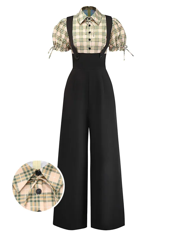 [Pre-Sale] Yellow 1940s Plaid Bow Faux Two-Piece Suspender Jumpsuit made by Retro Stage