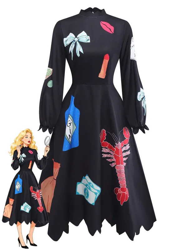 Black 1950s Lobster Zigzag Neck Lantern Sleeve Dress sold by Retro Stage