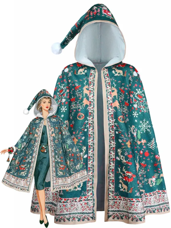 1950s Christmas Print Hooded Cape Coat sold by Retro Stage