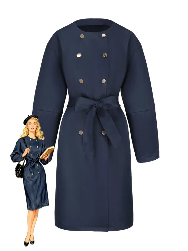 Blue 1940s Double-Breasted Round Neck Trench Coat sold by Retro Stage