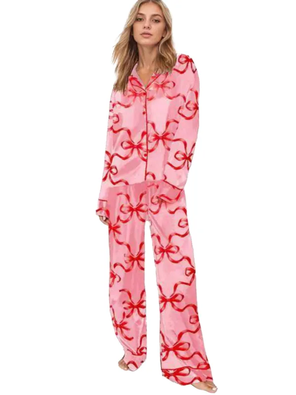 1980s Christmas Bow Print Lapel Pajama Set sold by Retro Stage