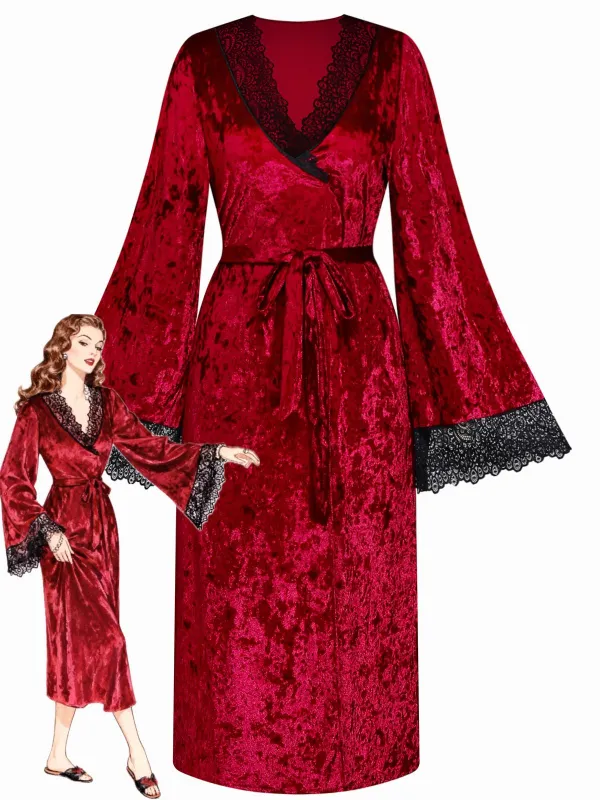 1930s Velvet Lace Long Sleeve Patchwork Pajama Robe sold by Retro Stage