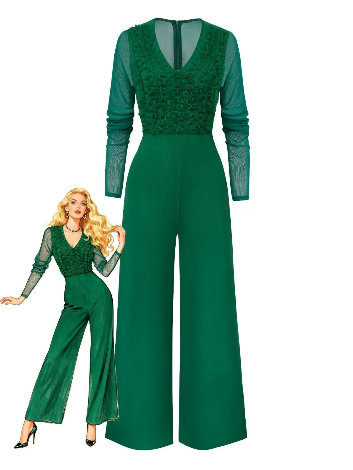 1950s Solid Deep V-Neck Ruffled Sheer Sleeve Jumpsuit sold by Retro Stage