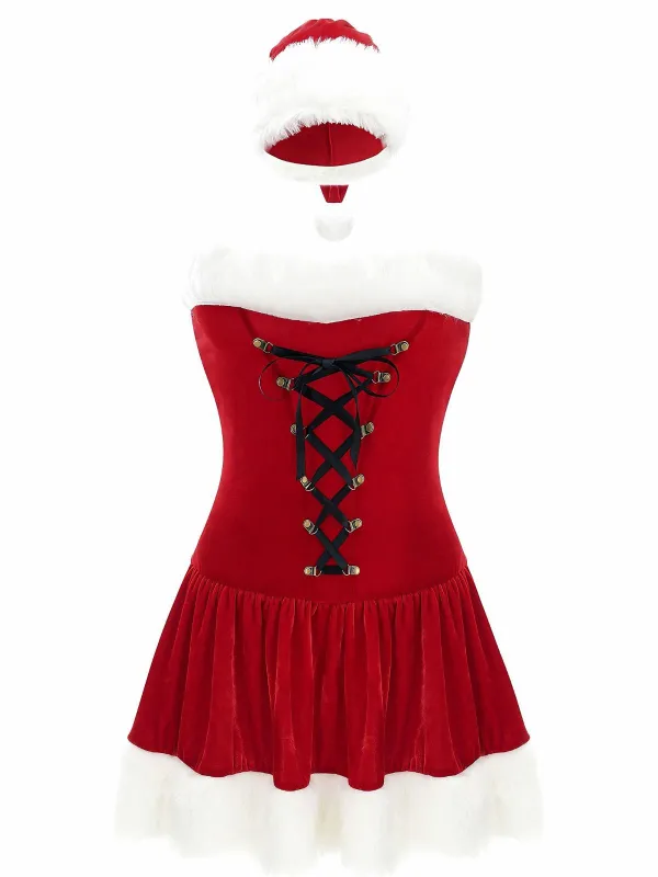 Red 1970s Christmas Plush Lace-Up Strapless Santa Dress sold by Retro Stage