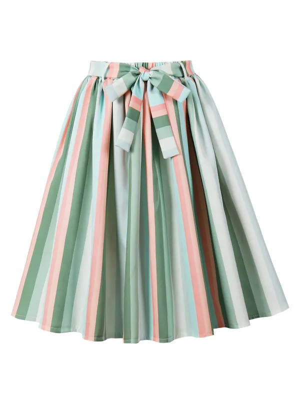 Gray Green 1950s Bow Colorful Stripe Skirt sold by Retro Stage