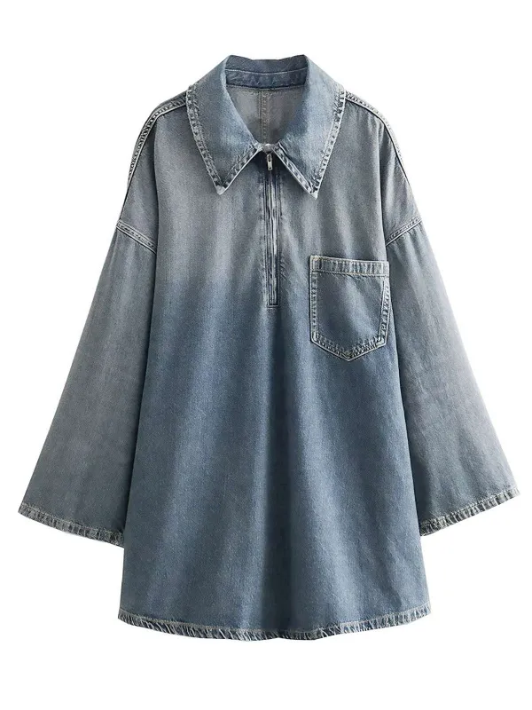 Blue 1970s Loose Lapel Denim Dress sold by Retro Stage
