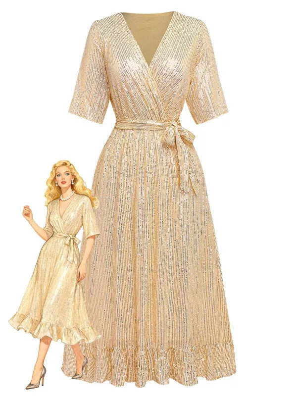 1930s V-Neck Sequined Ruffled Hem Dress sold by Retro Stage