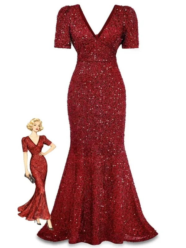 Wine Red 1930s Sequin Bow Maxi Mermaid Dress sold by Retro Stage