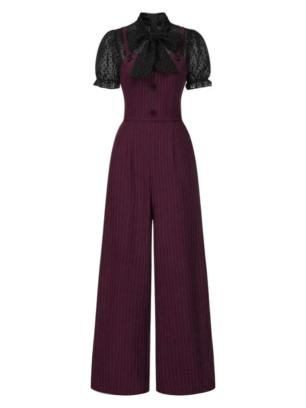 Black 1930s Mesh Patchwork Vertical Stripe Jumpsuit sold by Retro Stage