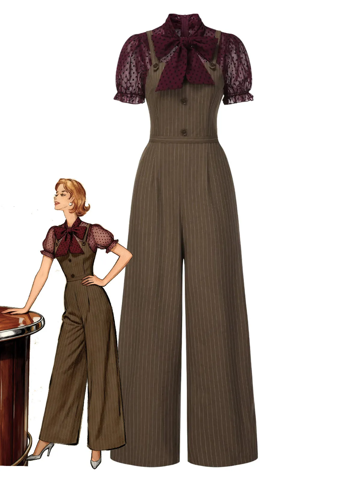 Black 1930s Mesh Patchwork Vertical Stripe Jumpsuit sold by Retro Stage product image thumbnail 3
