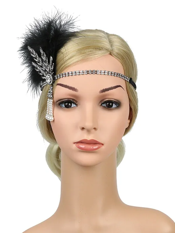 [US Warehouse] Silver 1920s Feather Rhinestone Headband sold by Retro Stage
