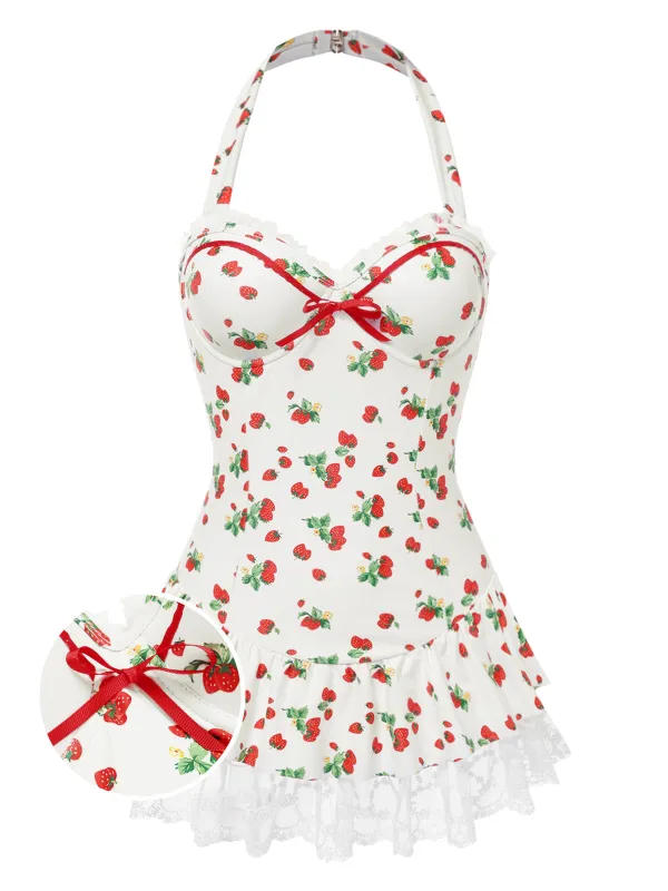 1950s Halter Strawberry Lace Bow Swimdress sold by Retro Stage