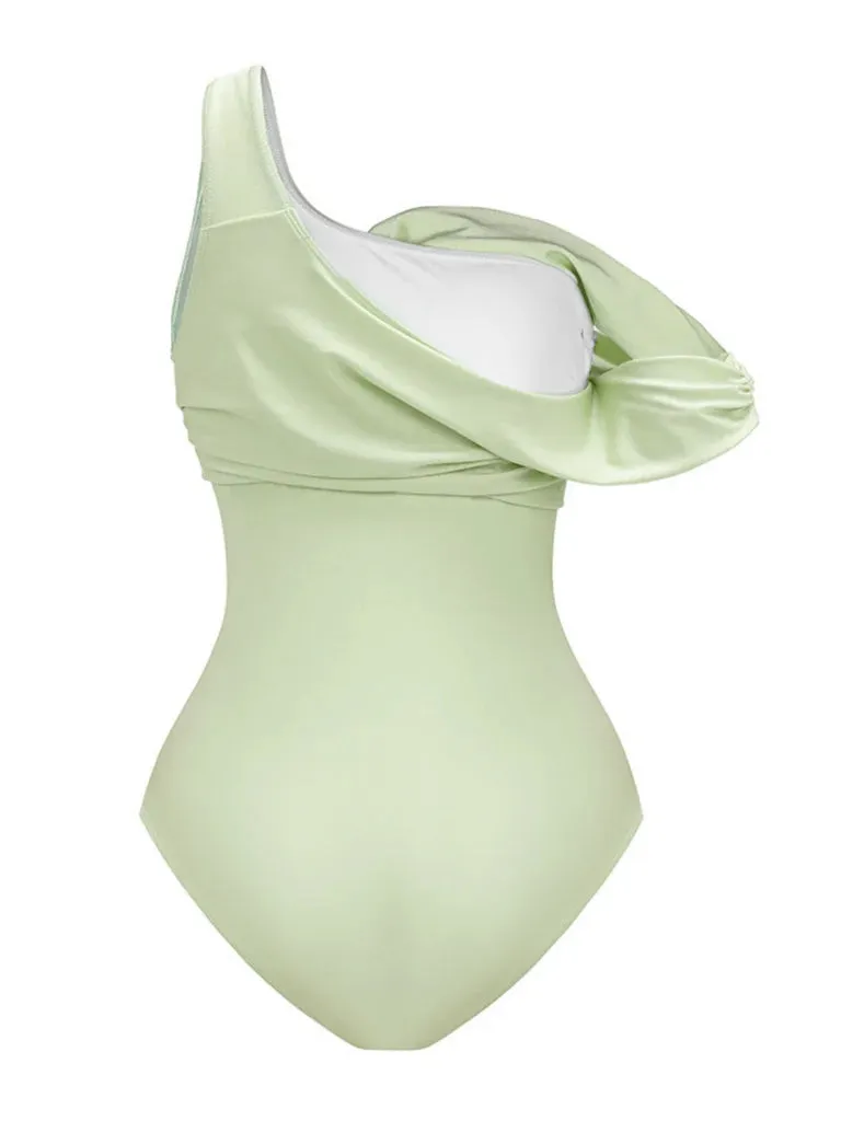 2PCS Green 1940s One-Shoulder One-Piece Swimsuit & Pleated Cover Up sold by Retro Stage product image thumbnail 3