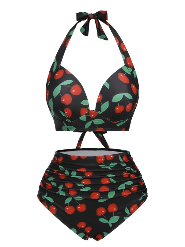 Black 1960s Halter Cherry Swimsuit sold by Retro Stage