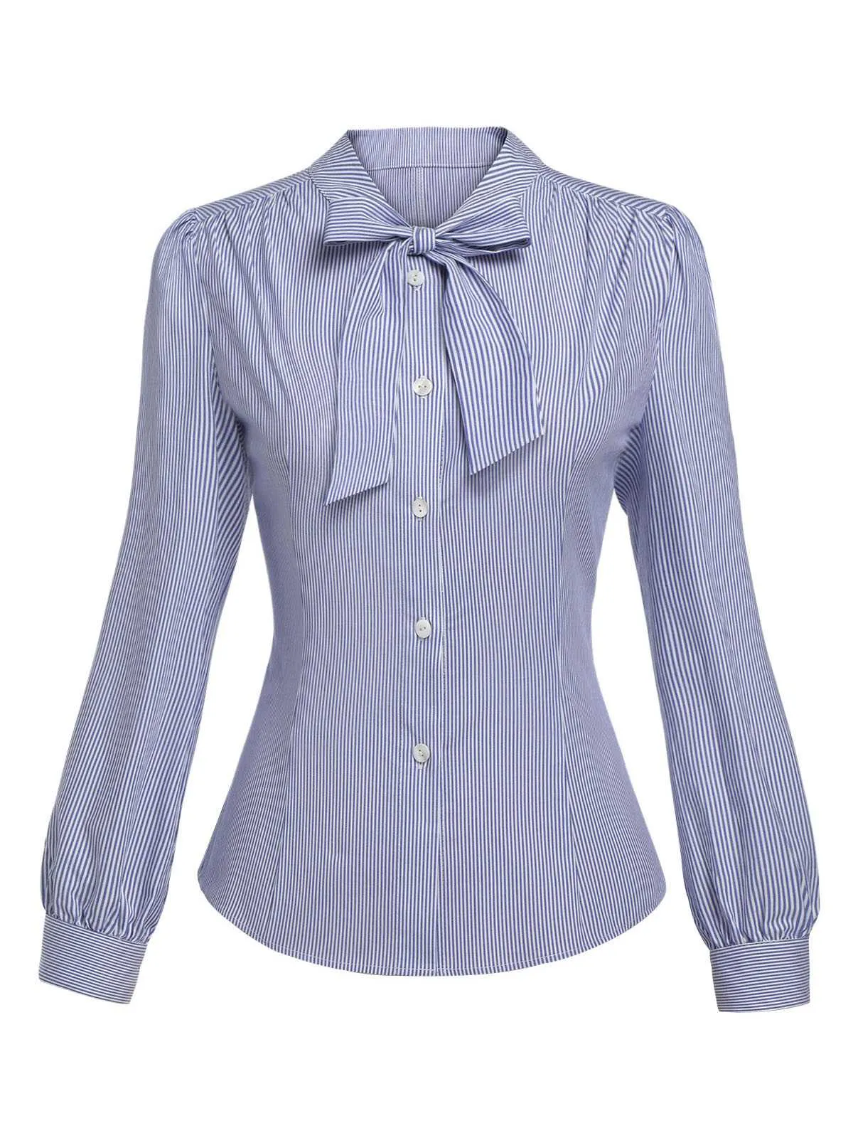 Blue 1950s Tie Neck Stripes Blouse sold by Retro Stage product image thumbnail 2