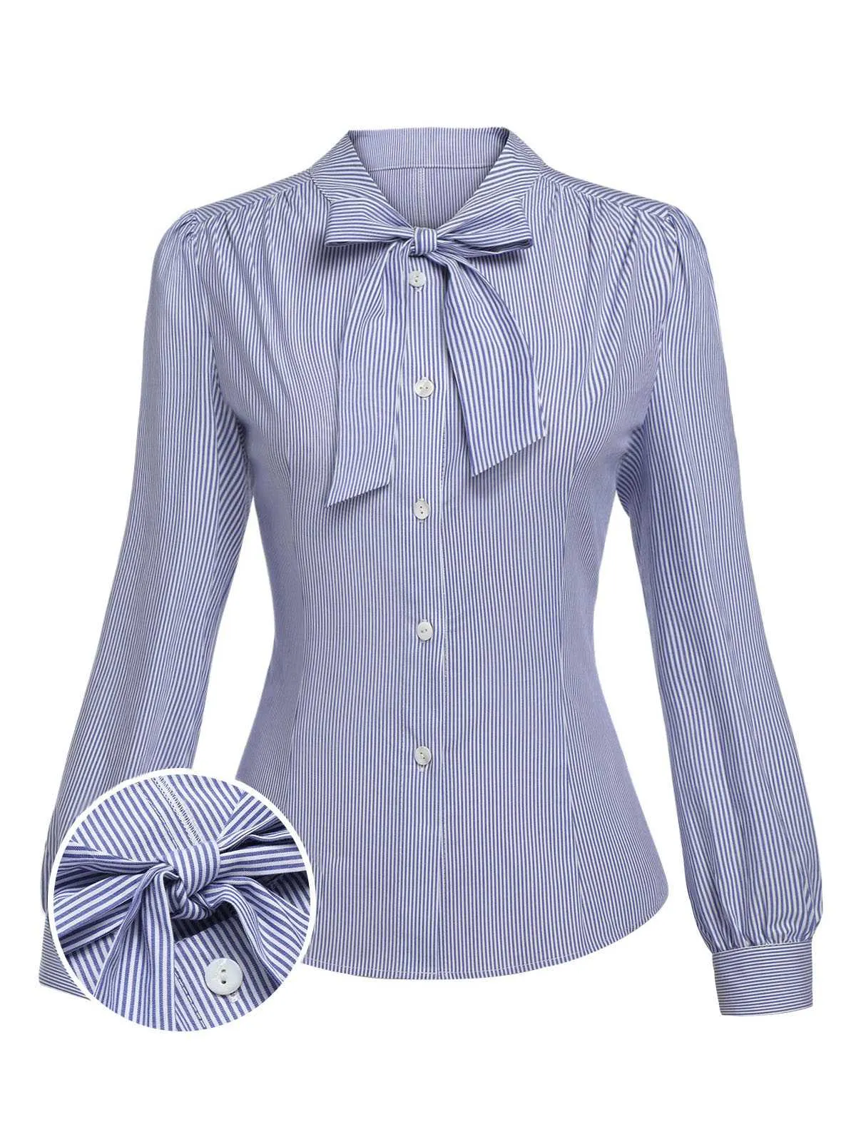 Blue 1950s Tie Neck Stripes Blouse sold by Retro Stage
