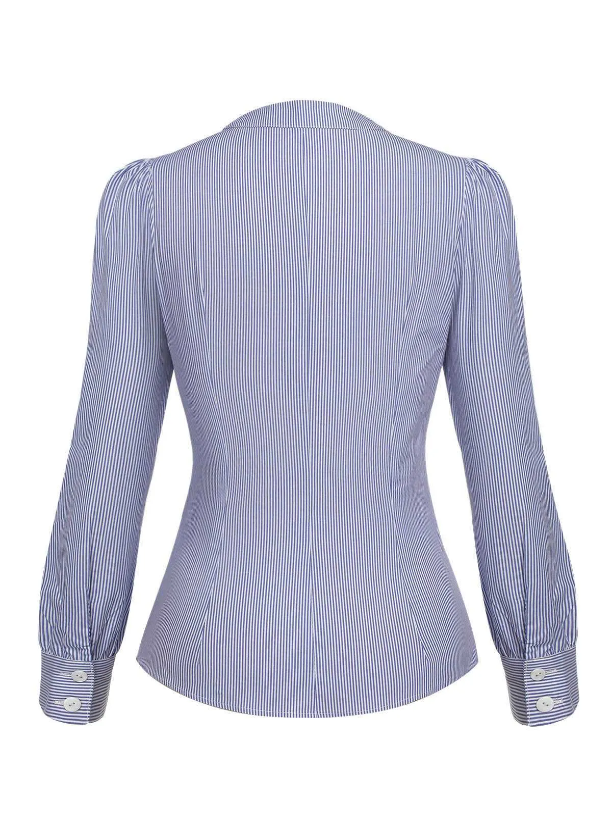 Blue 1950s Tie Neck Stripes Blouse sold by Retro Stage product image thumbnail 4