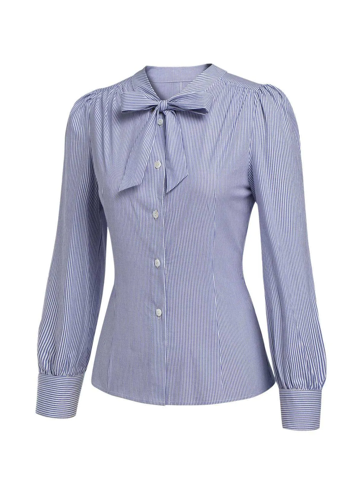 Blue 1950s Tie Neck Stripes Blouse sold by Retro Stage product image thumbnail 3