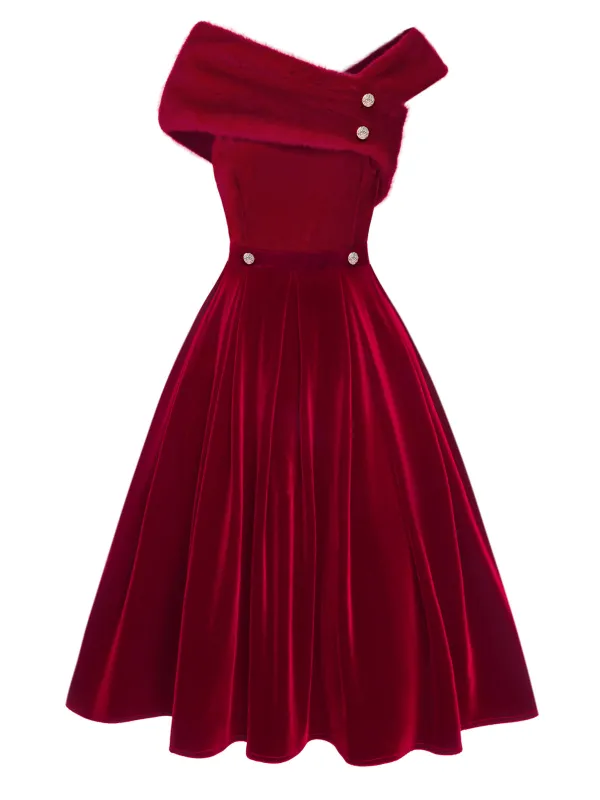 Red 1950s Off Shoulder Fur Button Velvet Dress sold by Retro Stage