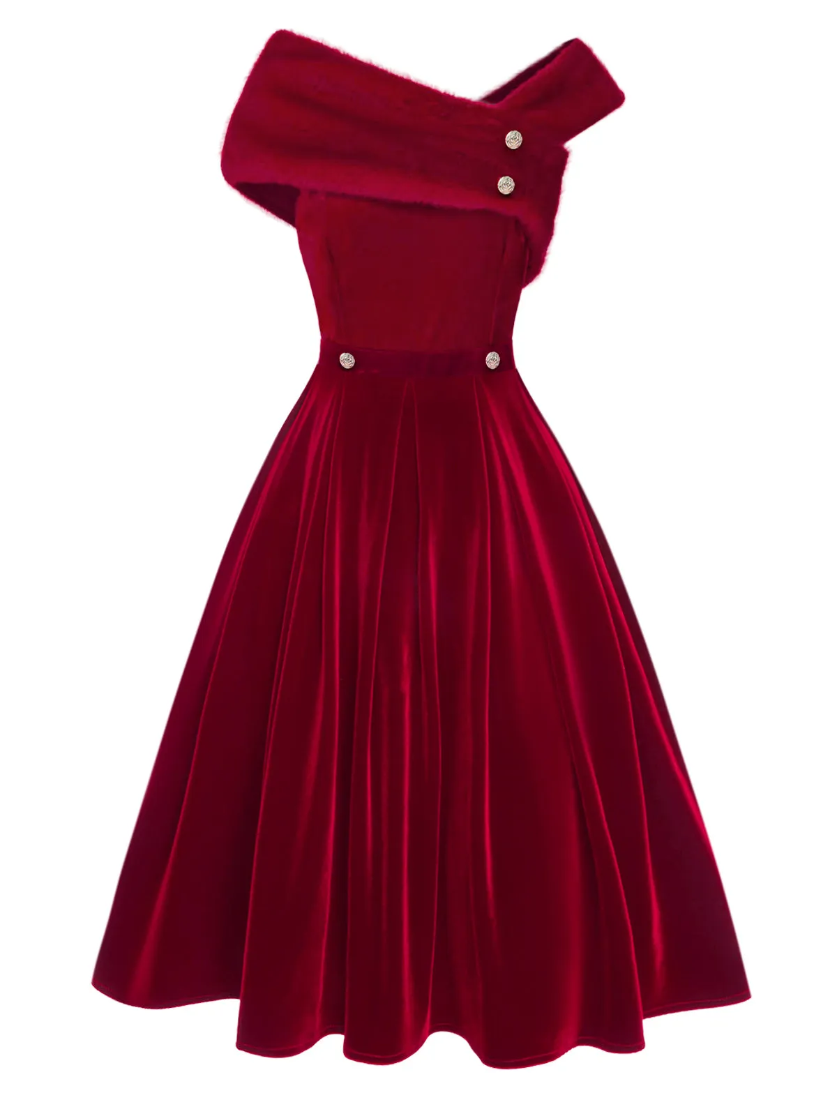 Red 1950s Off Shoulder Fur Button Velvet Dress sold by Retro Stage