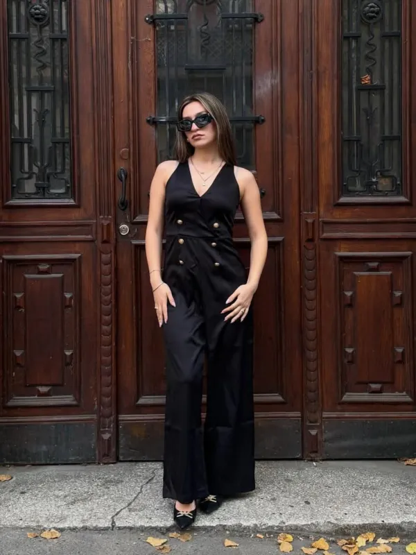 Black 1950s Sleeveless Buttoned Solid Jumpsuit sold by Retro Stage