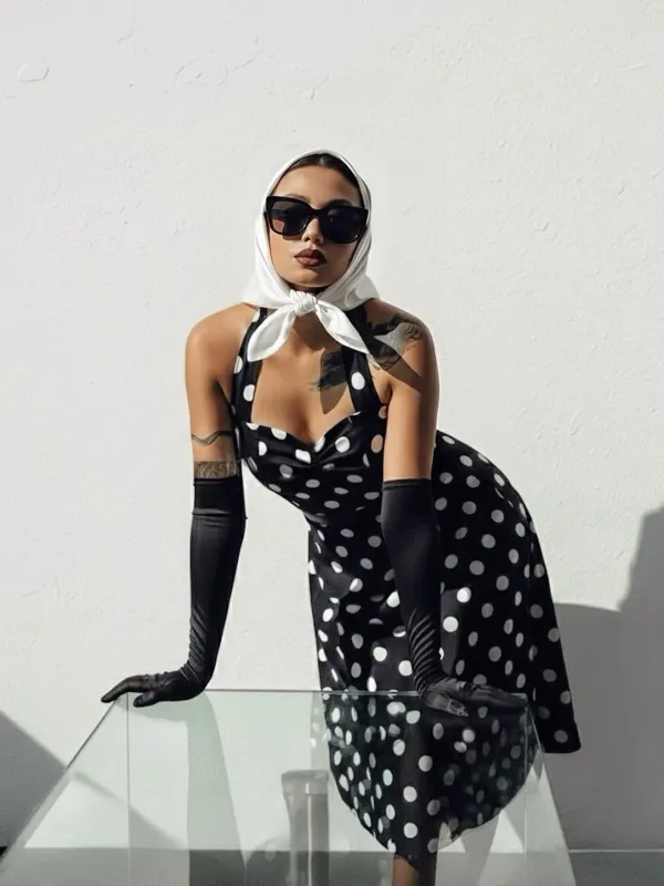 1950s Halter Contrast Polka Dots Belted Dress sold by Retro Stage