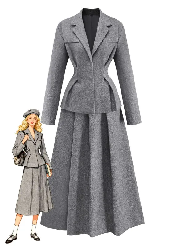 2PCS Grey 1940s Office Lapel Blazer & A-Line Pleated Skirt sold by Retro Stage