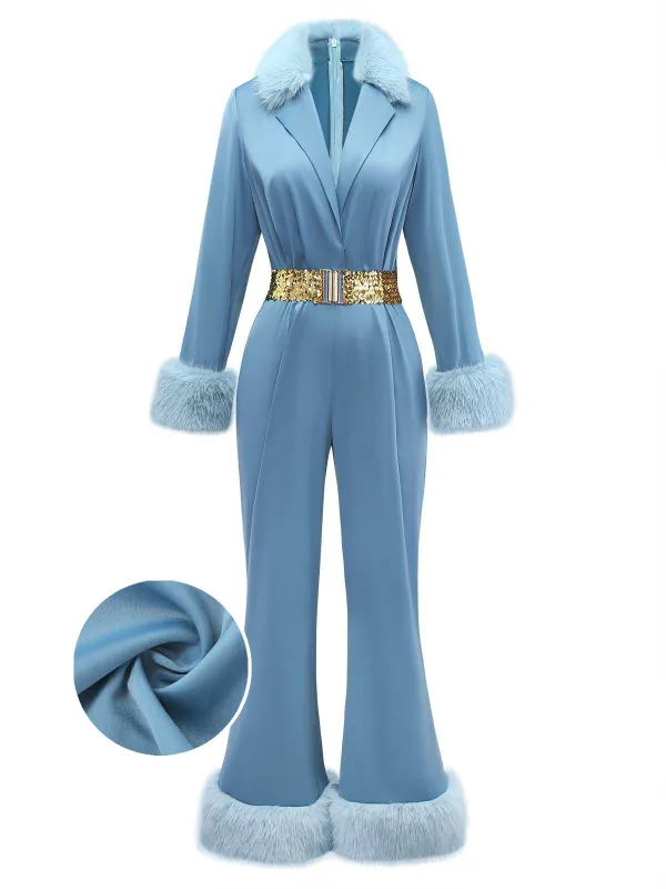 Blue 1970s Fur-Trim Lapel Sequin Belted Jumpsuit sold by Retro Stage