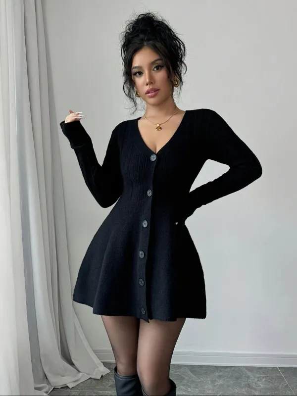 Black 1980s V-Neck Knit Sweater Dress sold by Retro Stage