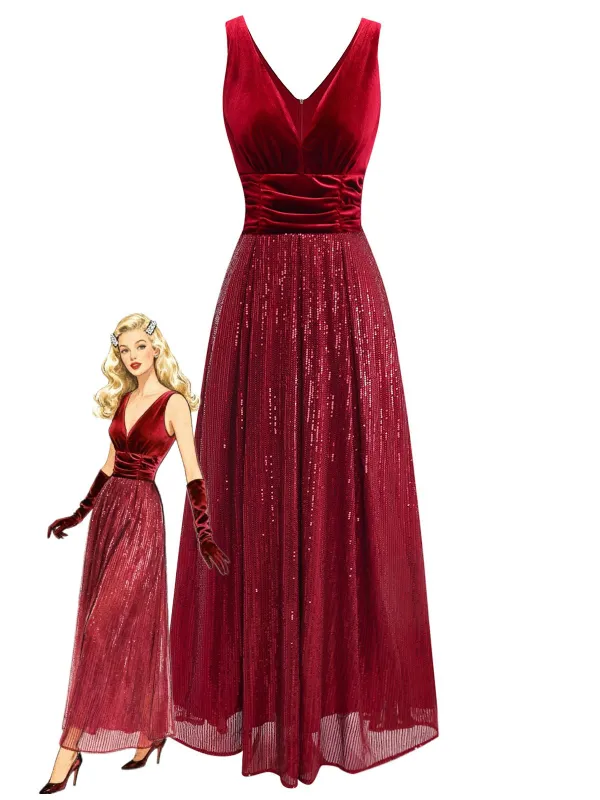 Burgundy 1950s Velvet Sequin V-Neck Maxi Dress sold by Retro Stage