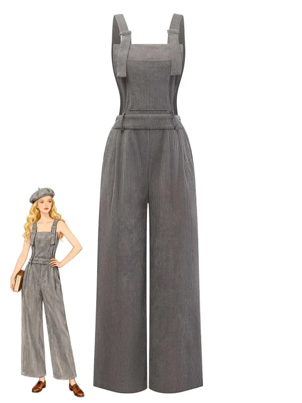 Gray 1940s Corduroy Wide-Leg Overall Jumpsuit sold by Retro Stage