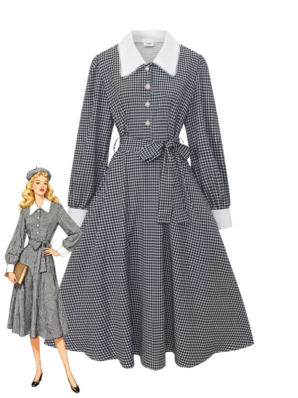 Black 1940s Houndstooth Puff-Sleeves Pearl Button Dress sold by Retro Stage