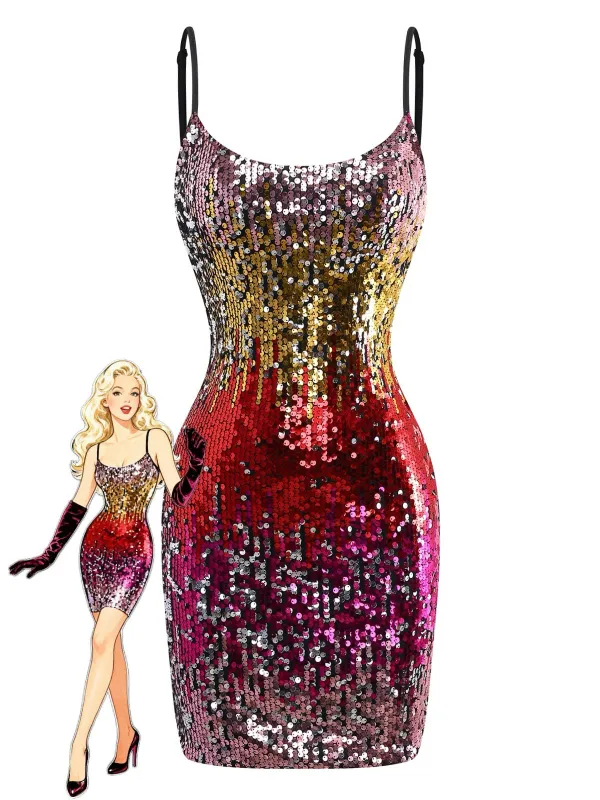 Multicolor 1980s Sequin Bodycon Spaghetti Strap Dress sold by Retro Stage
