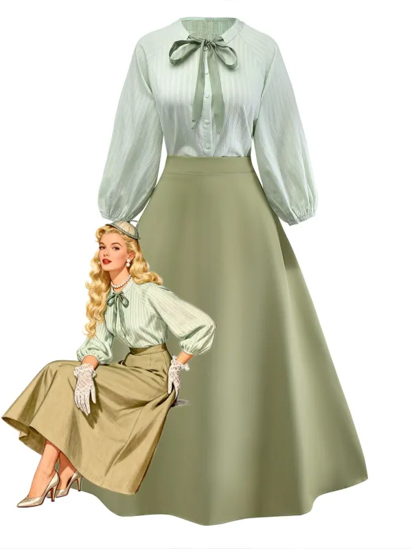 2PCS Green 1980s Tie-Neck Blouse & Solid Skirt sold by Retro Stage