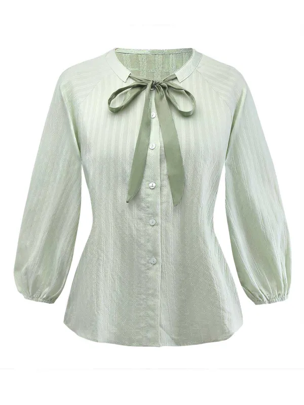 Green 1980s Tie-Neck Puff Sleeve Blouse sold by Retro Stage