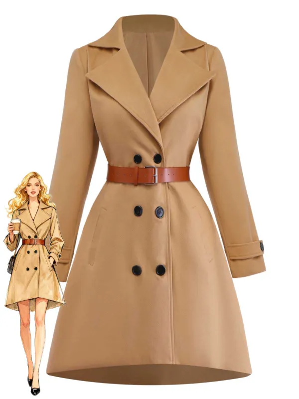 Khaki 1940s Lapel Double-Breasted Belted Coat sold by Retro Stage