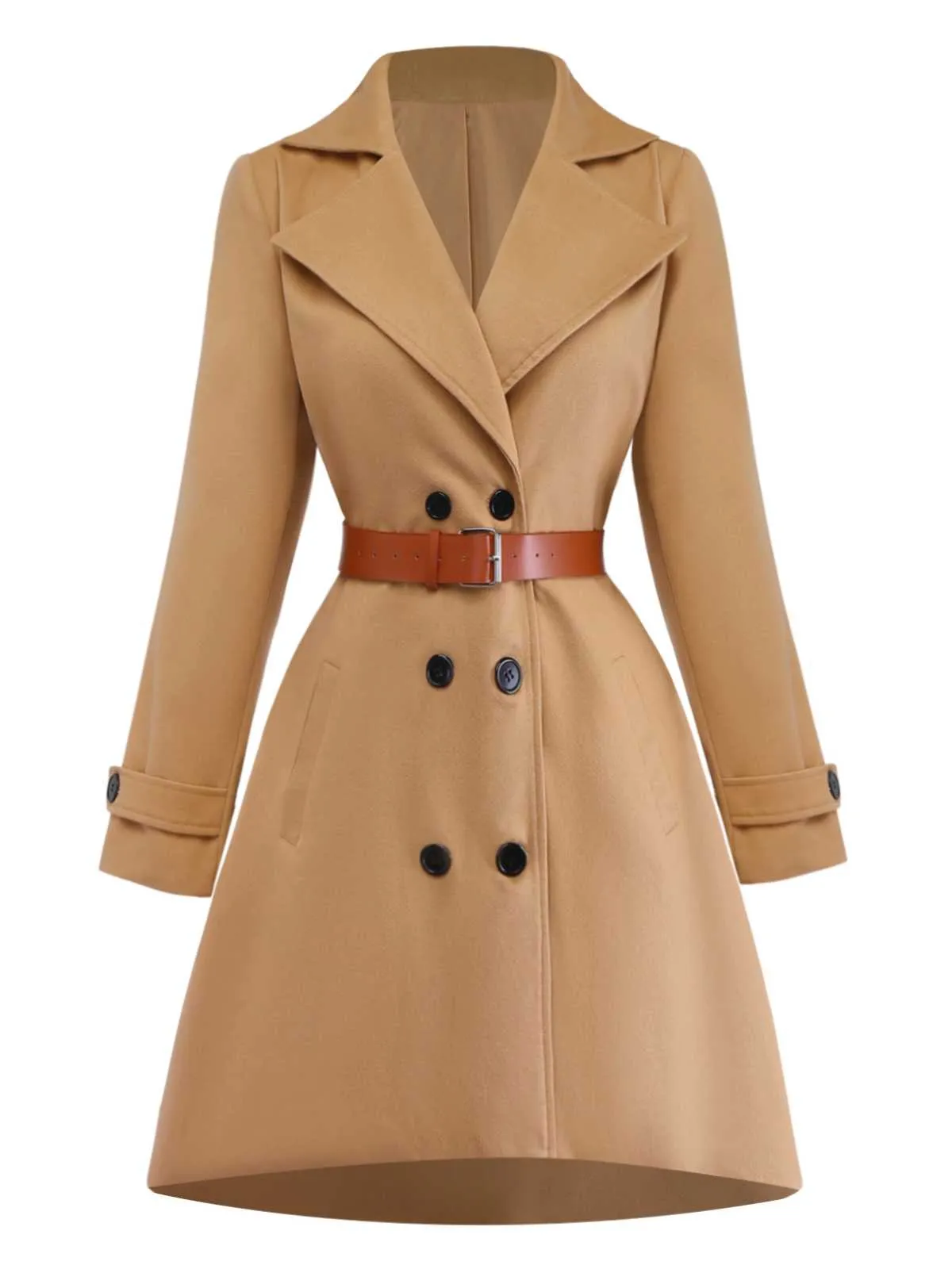 Khaki 1940s Lapel Double-Breasted Belted Coat sold by Retro Stage product image thumbnail 2