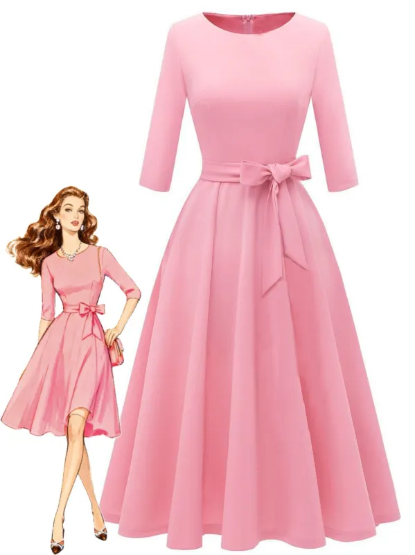 1940s Solid Fit Bow 3/4 Sleeves Swing Dress sold by Retro Stage